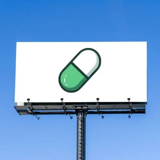 The billboard creative: the pill on a white board against blue sky